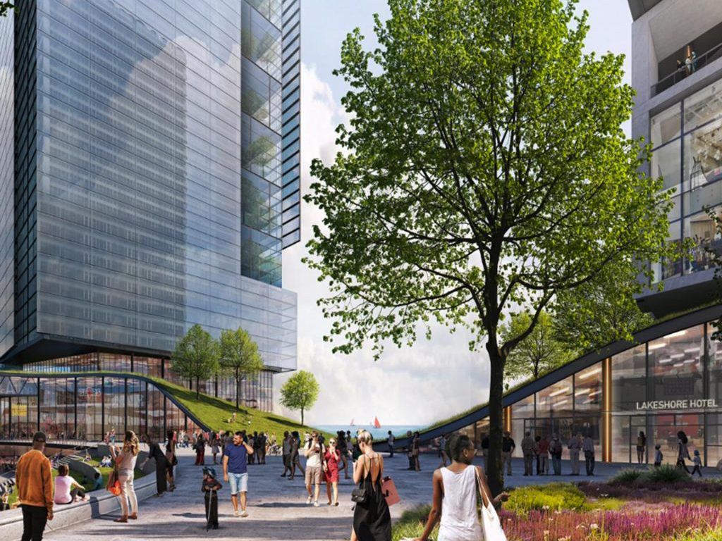In all, 10 high-rise buildings, including four mixed-use structures (left, above) and a hotel next to McCormick Place (above right) are part of the One Central proposal. | Landmark Development rendering
