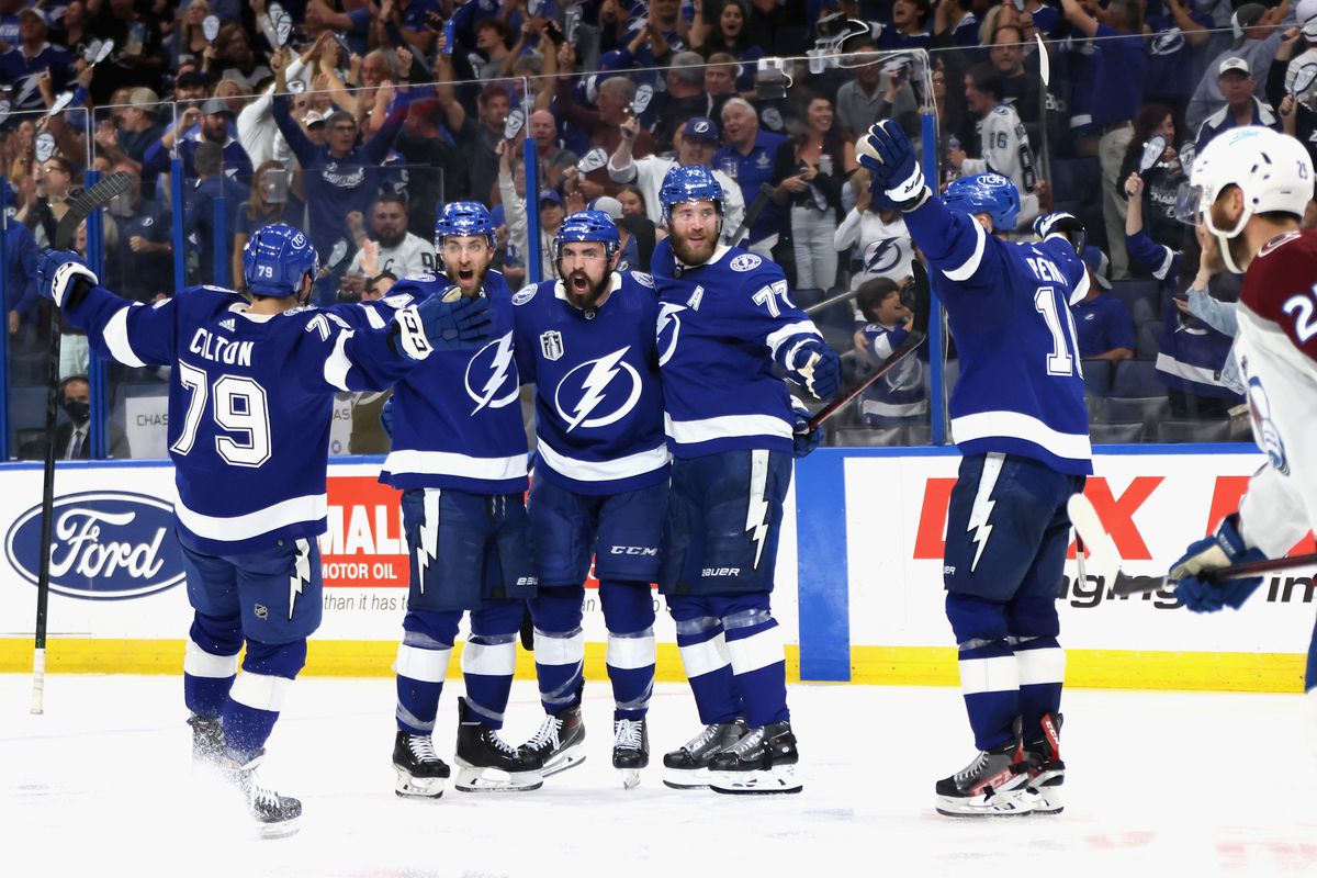 Nicholas Paul #20 (C) of the Tampa Bay Lightning celebrates his goal against the Colorado Avalanche during Game Three of the 2022 NHL Stanley Cup Final at Amalie Arena on June 20, 2022 in Tampa, Florida.