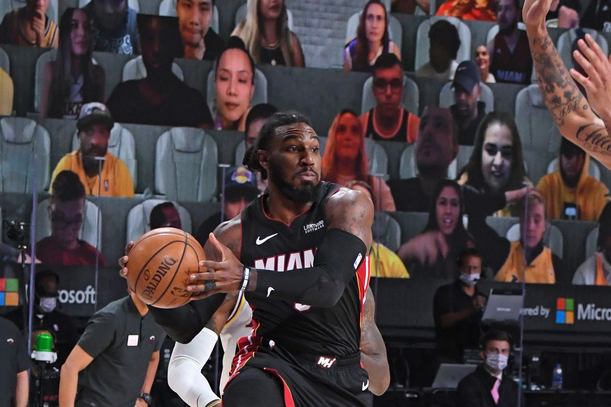 Jae Crowder #99 of the Miami Heat passes the ball against the Los Angeles Lakers during Game Six of the NBA Finals on October 11, 2020 at The AdventHealth Arena at ESPN Wide World Of Sports Complex in Orlando, Florida.