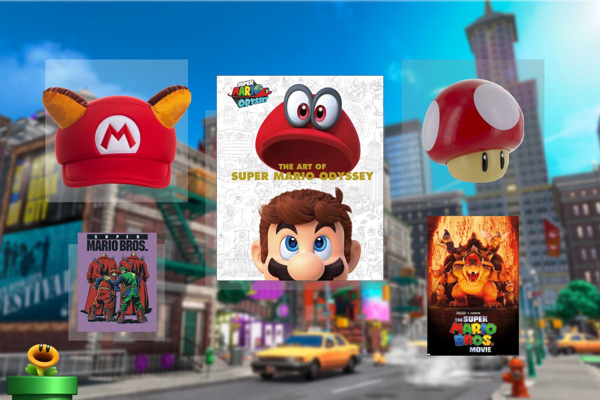 A photo composition of Mario-themed gifts laid over a blurred background of New Donk City from Super Mario Odyssey.