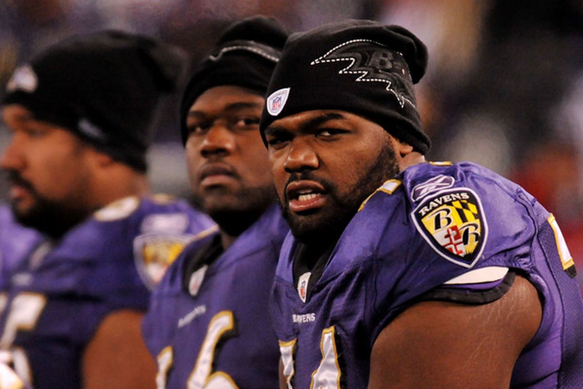 BALTIMORE MD - DECEMBER 05:  Tackle Michael Oher #74 of the Baltimore Ravens looks on from the bench during the game against the Pittsburgh Steelers at M&T Bank Stadium on December 5 2010 in Baltimore Maryland.  (Photo by Larry French/Getty Images)