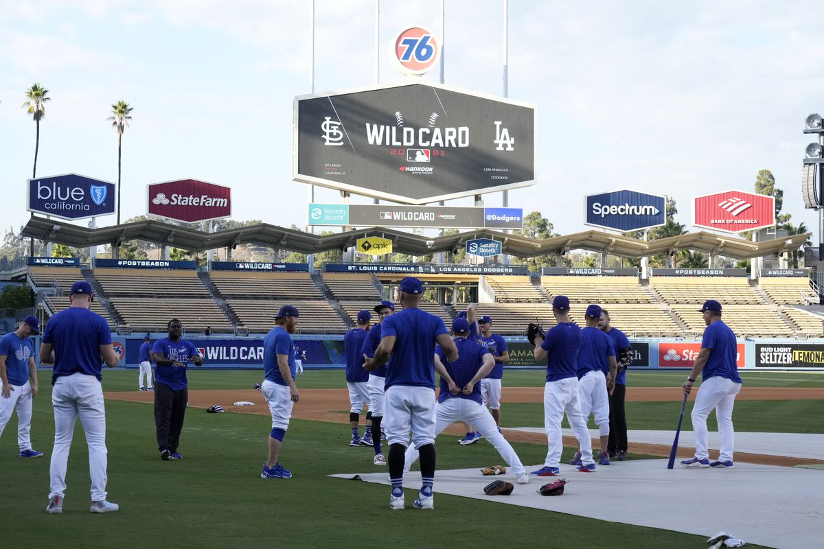 Los Angeles Dodgers and the St. Louis Cardinals during a workout day before the National League Wildcard game at Dodger Stadium in Los Angeles.