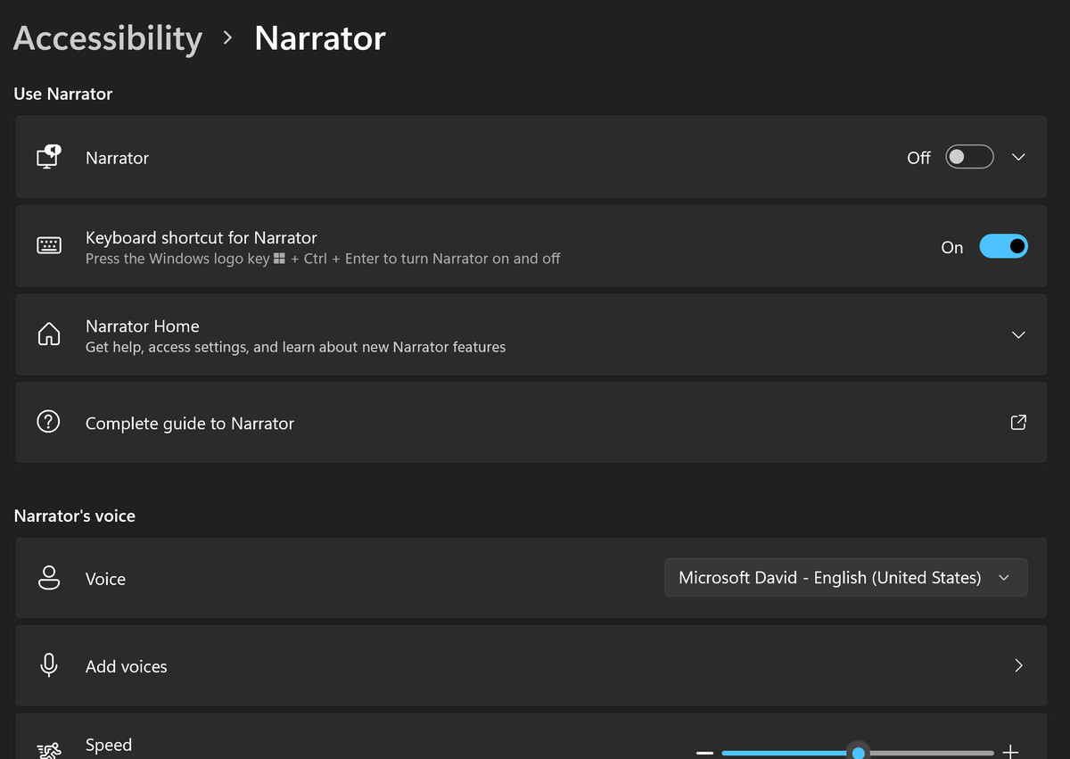 The Narrator menu under Accessibility in Windows 11. Options include Narrator, Keyboard Shortcut for Narrator, Narrator Home, Complete Guide to Narrator, Voice, Add Voices, and Speed.