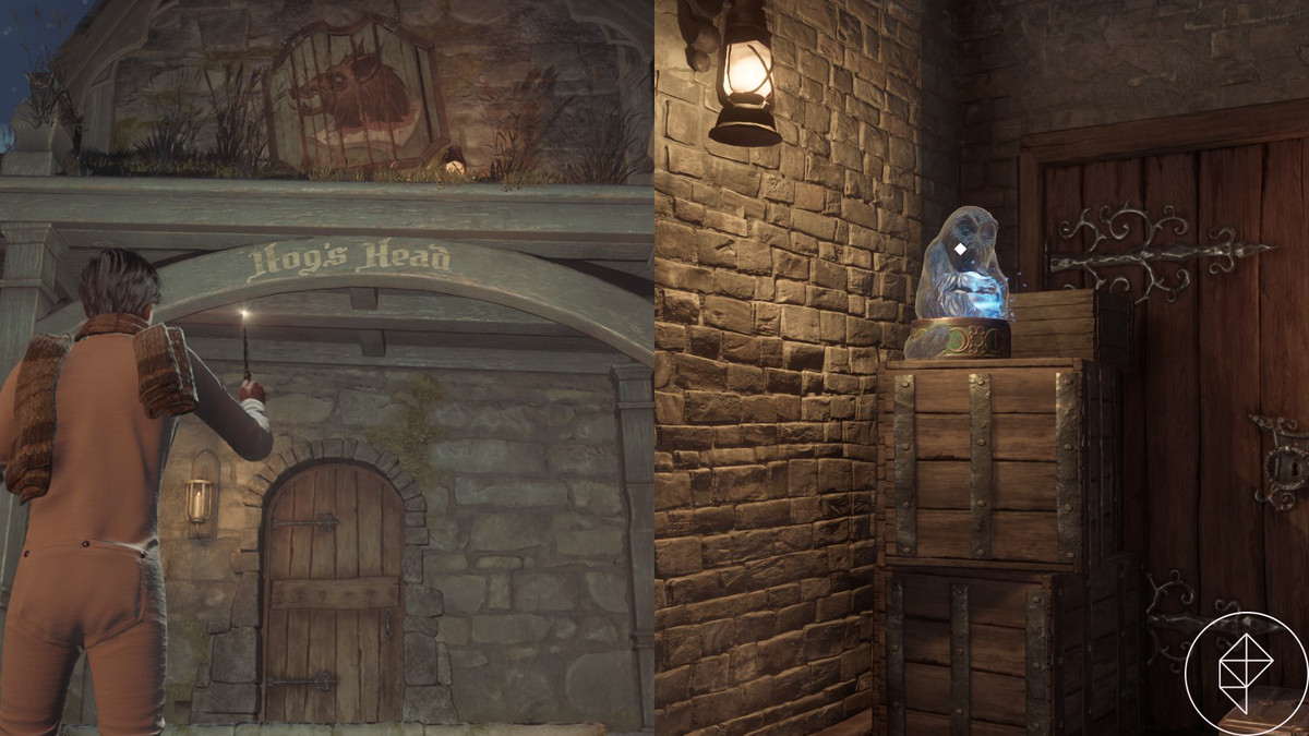 Hog’s Head demiguise statue and moon in Hogwarts Legacy