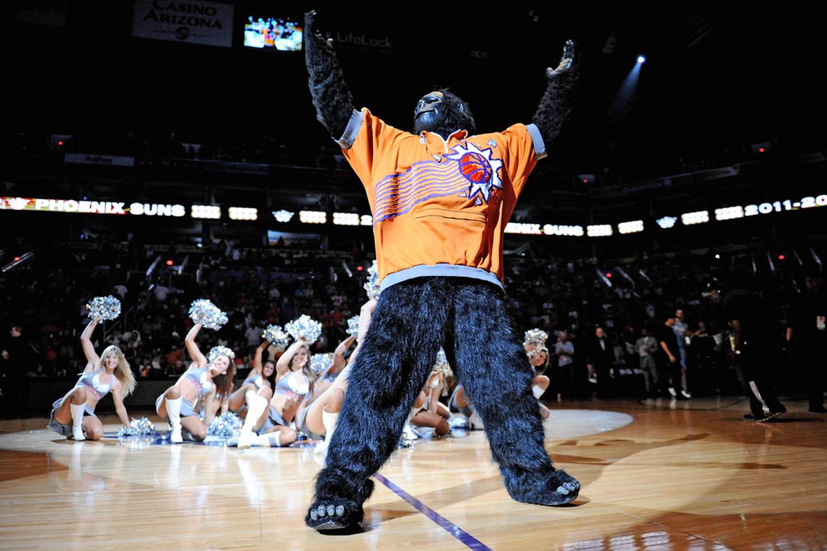 Apr. 21, 2012; Phoenix, AZ, USA; Phoenix Suns Gorilla performs prior to the game against the Denver Nuggets at the US Airways Center. The Nuggets defeated the Suns 118 - 107. Mandatory Credit: Jennifer Stewart-US PRESSWIRE.