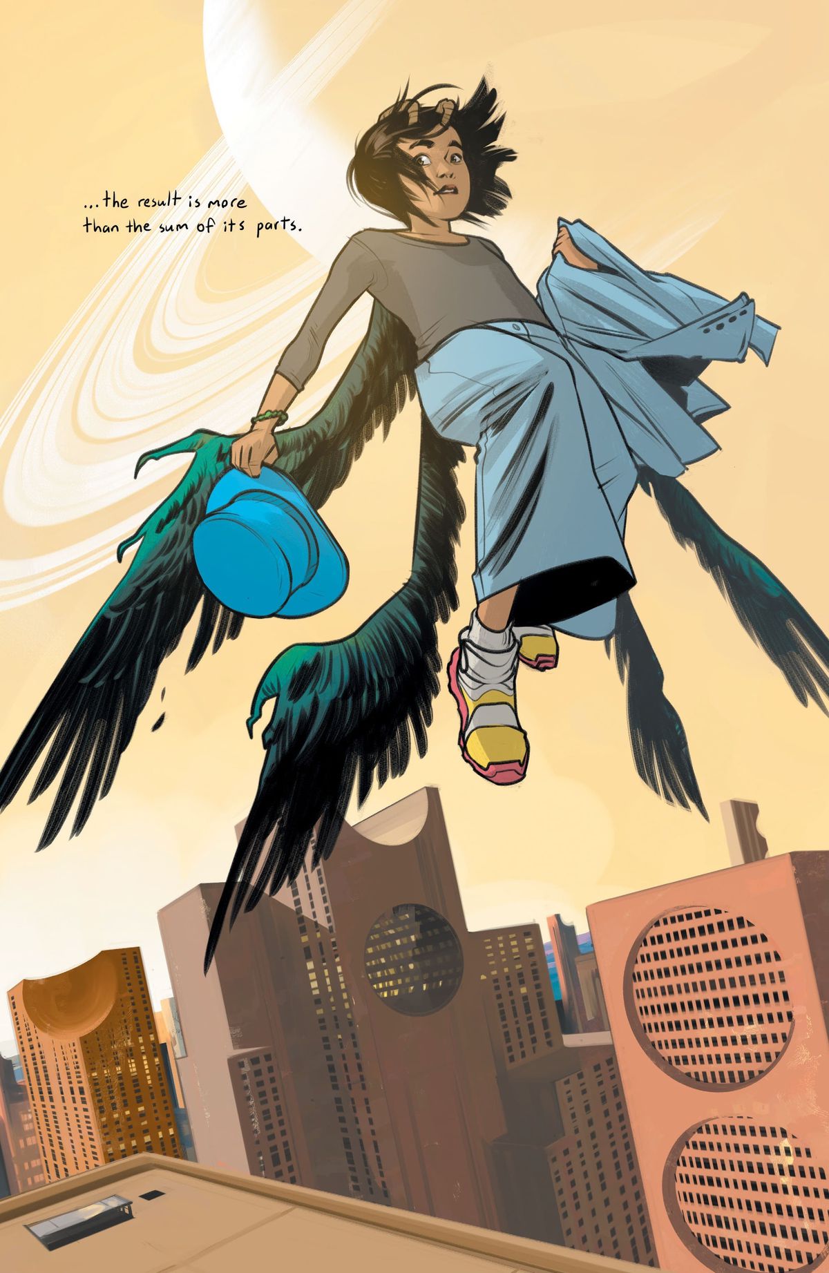 Hazel, with her curling horns and four feathered wings, soars above an alien cityscape in a full page panel from Saga #55 (2022). 