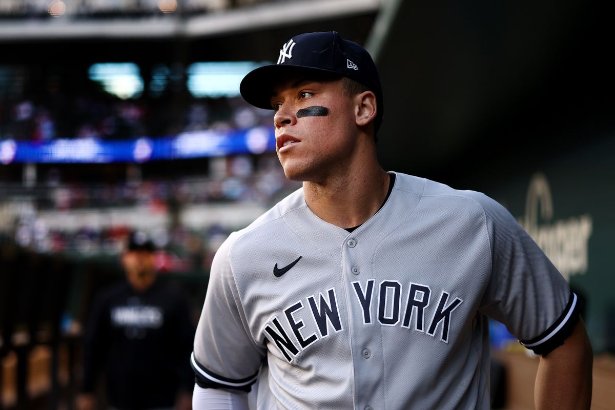 Aaron Judge of the New York Yankees prepares to take the field against the Texas Rangers in a MLB regular season game at Globe Life Field on April 27, 2023 in Arlington, Texas.