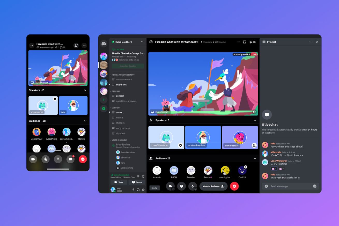 An illustrated mock-up of the new video and screen sharing features for Discord Stages on both a mobile and desktop device.