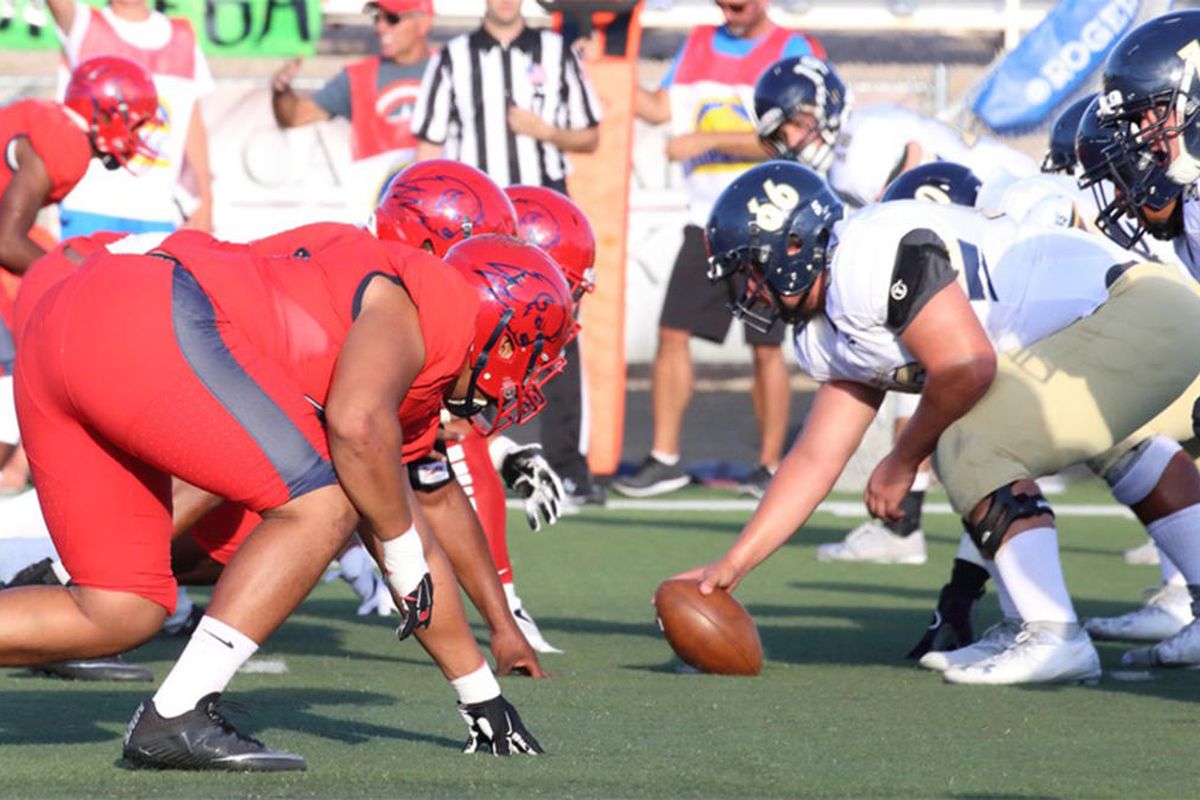The Dixie State defense (left) lines up against South Dakota Mines in September 2016. The Trailblazers open their 2017 fall camp on Monday.