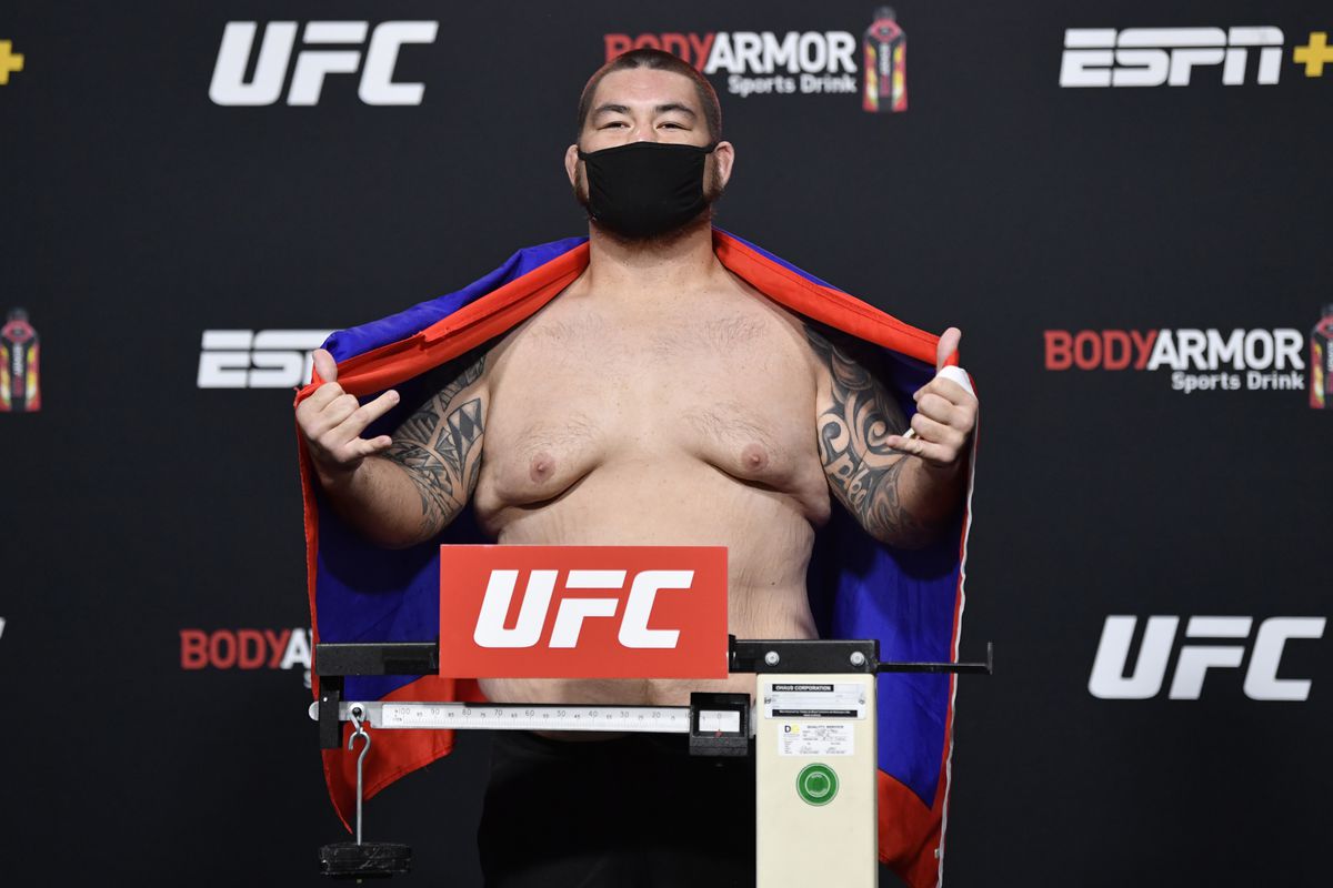 Roque Martinez of Guam poses on the scale during the UFC Fight Night weigh-in at UFC APEX on September 11, 2020 in Las Vegas, Nevada.