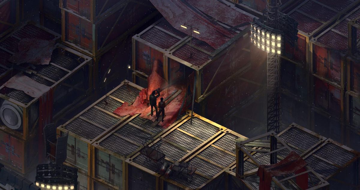 Harry and Kim explore the interior of a compartment together in Disco Elysium