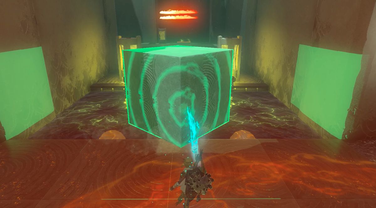 Link lifts a stone boulder in the Tadarok Shrine Fire and Water challenge in Zelda: Tears of the Kingdom
