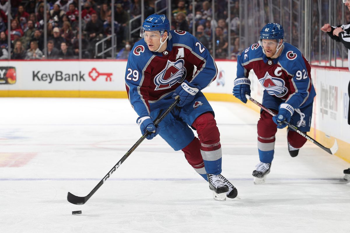 Nathan MacKinnon #29 and Gabriel Landeskog #92 of the Colorado Avalanche skates against the Montreal Canadiens at Ball Arena on January 22, 2022 in Denver, Colorado.