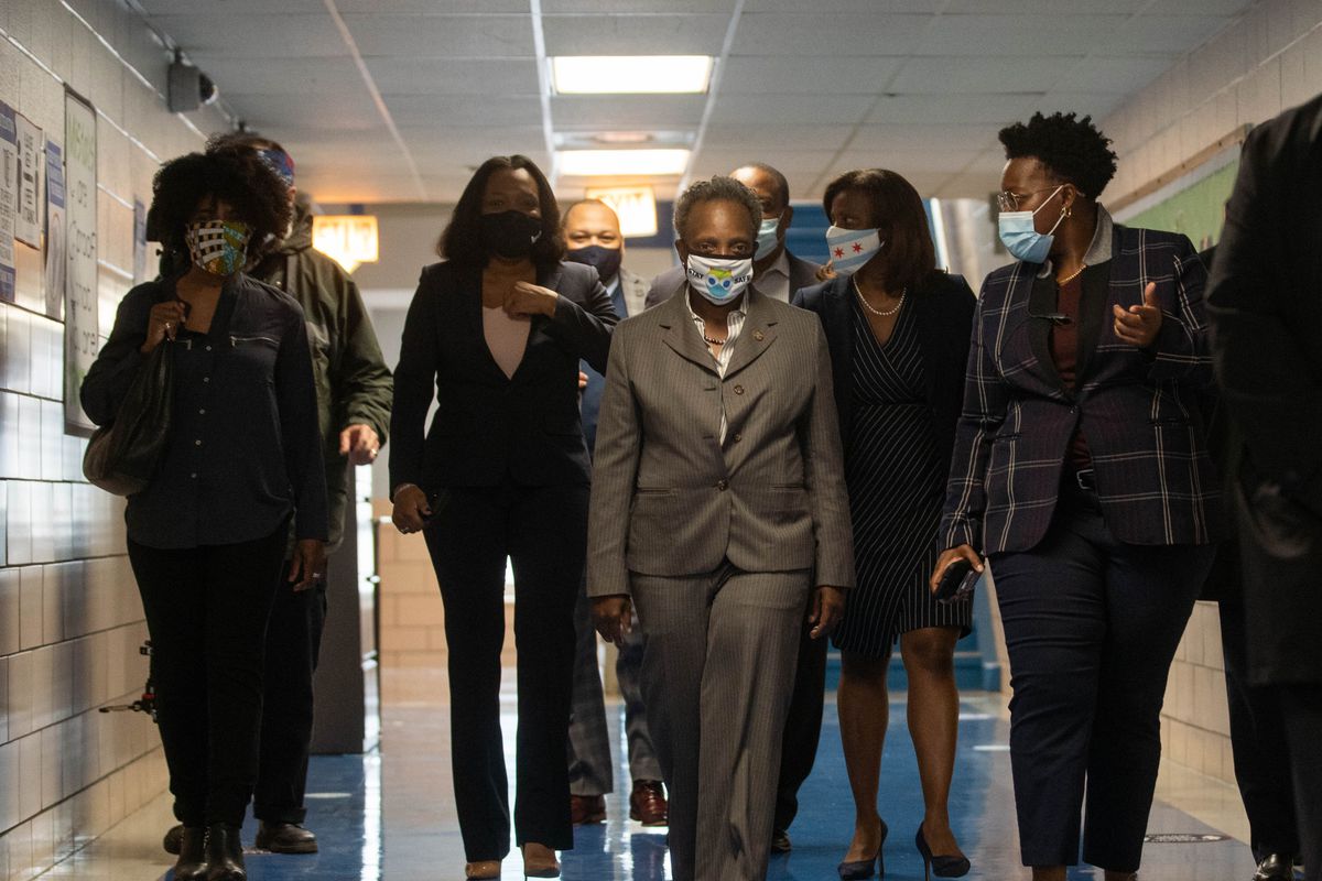 Mayor Lori Lightfoot, shown Tuesday touring Dr. Martin Luther King, Jr Academy of Social Justice in Englewood on the first day of remote learning for Chicago Public Schools.