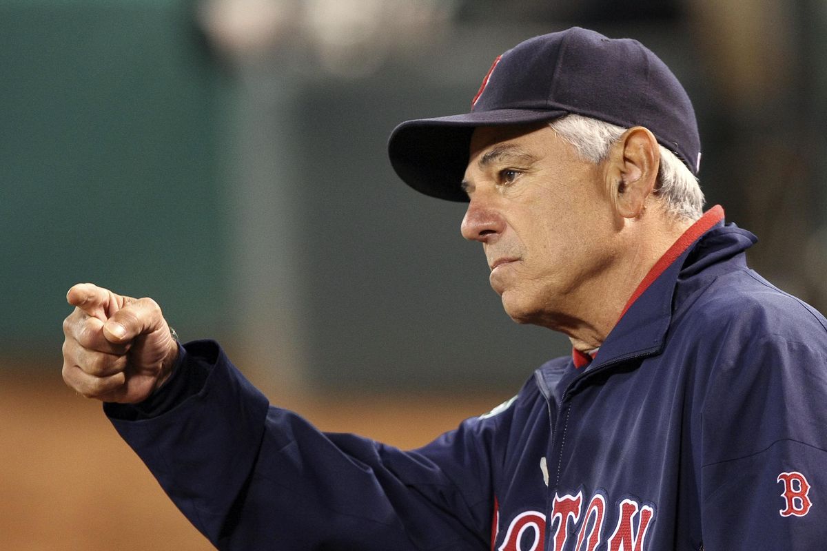 August 31, 2012; Oakland, CA, USA; Boston Red Sox manager Bobby Valentine (25) motions to his players against the Oakland Athletics  during the seventh inning at O.co Coliseum. Mandatory Credit: Kelley L Cox-US PRESSWIRE