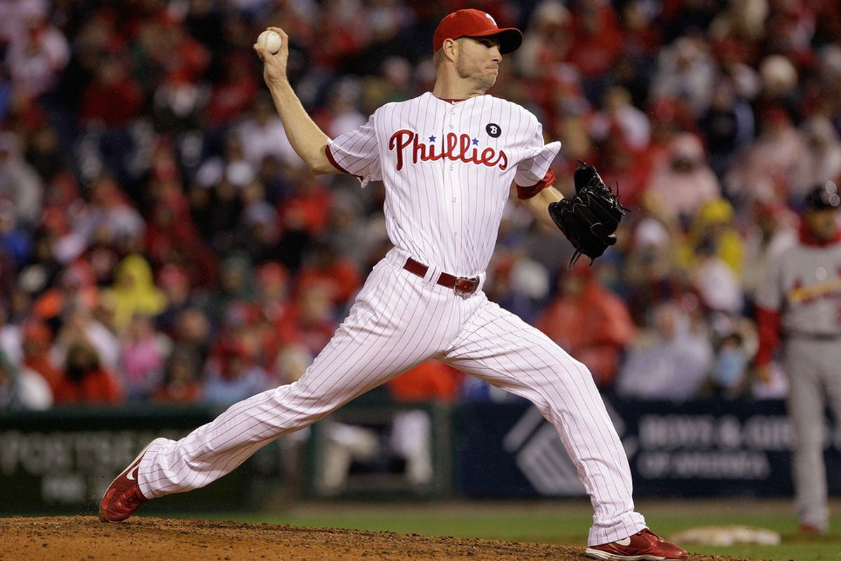 Ryan Madson of the Philadelphia Phillies throws a pitch against the St. Louis Cardinals during Game Two of the National League Division Series at Citizens Bank Park in Philadelphia, Pennsylvania.  (Photo by Rob Carr/Getty Images)