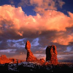 Sunset clouds at Balanced Rock, Arches National park Utah. 