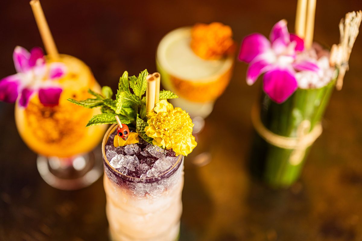 A quartet of tropical-looking cocktails are served, two in round cocktail glasses, one in a collins glass, and one in a tiki glass. All are adorned with tropical flowers.
