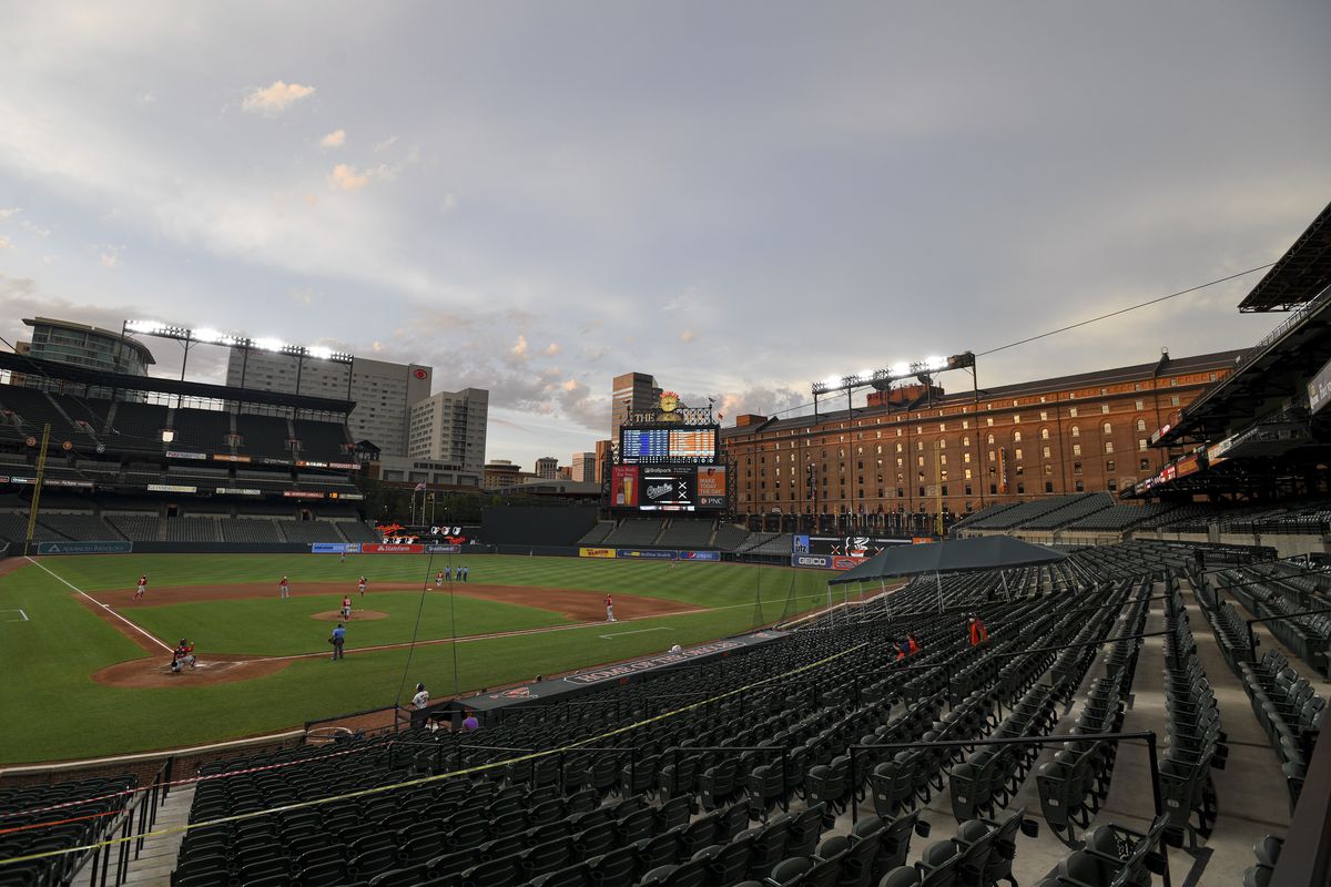 A general view of Orioles Park at Camden Yards in Baltimore, MD as the Washington Nationals take on the Baltimore Orioles in a Summer Camp game on July 20, 2020.