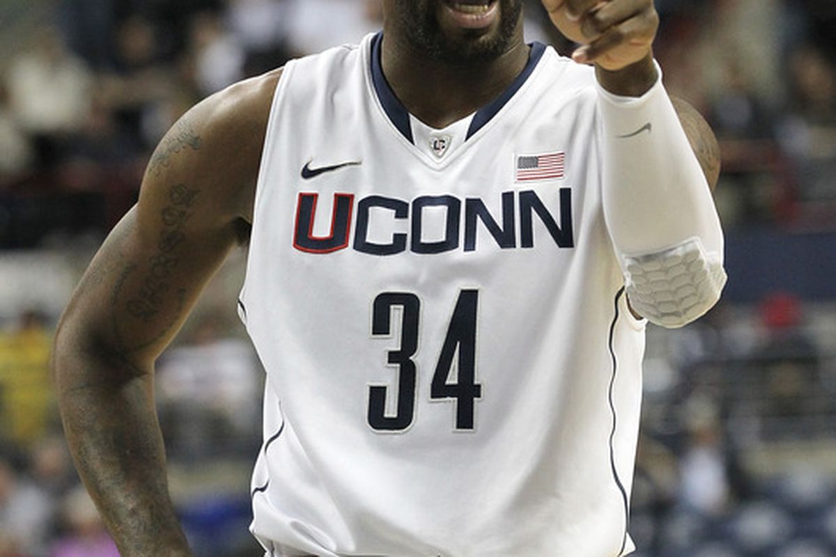 STORRS, CT - NOVEMBER 11:  Alex Oriakhi #34 of the Connecticut Huskies gestures during a game against the Columbia Lions  in the first half at Harry A. Gampel Pavilion on November 11, 2011 in Storrs, Connecticut. (Photo by Jim Rogash/Getty Images)