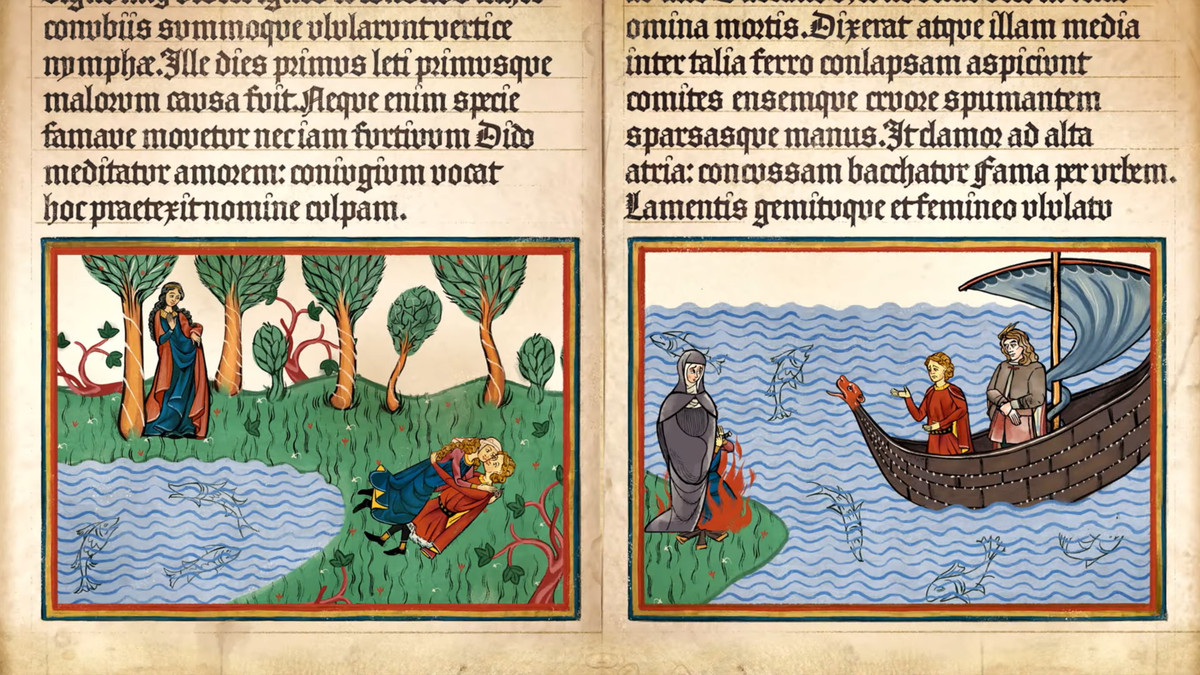 Two pages of a book filled halfway with gothic script. At the bottom of each page, there are illustrations depicting people by and on a lake.