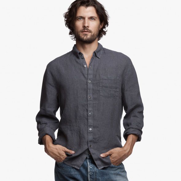 A male model wearing a James Perse button down shirt