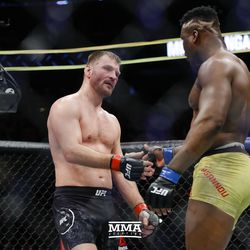 Stipe Miocic and Francis Ngannou shake hands after the UFC 220 main event.