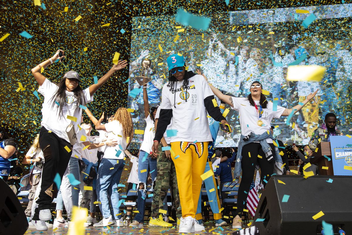 The Chicago Sky players celebrate their WNBA Championship title during a rally at Pritzker Pavilion, Tuesday afternoon, Oct. 19, 2021.