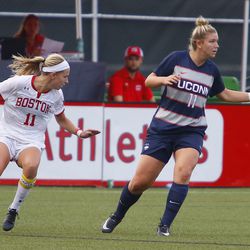 The UConn Huskies take on the Boston University Terriers in a women’s college soccer game at Nickerson Field in Boston, MA on September 2, 2018.