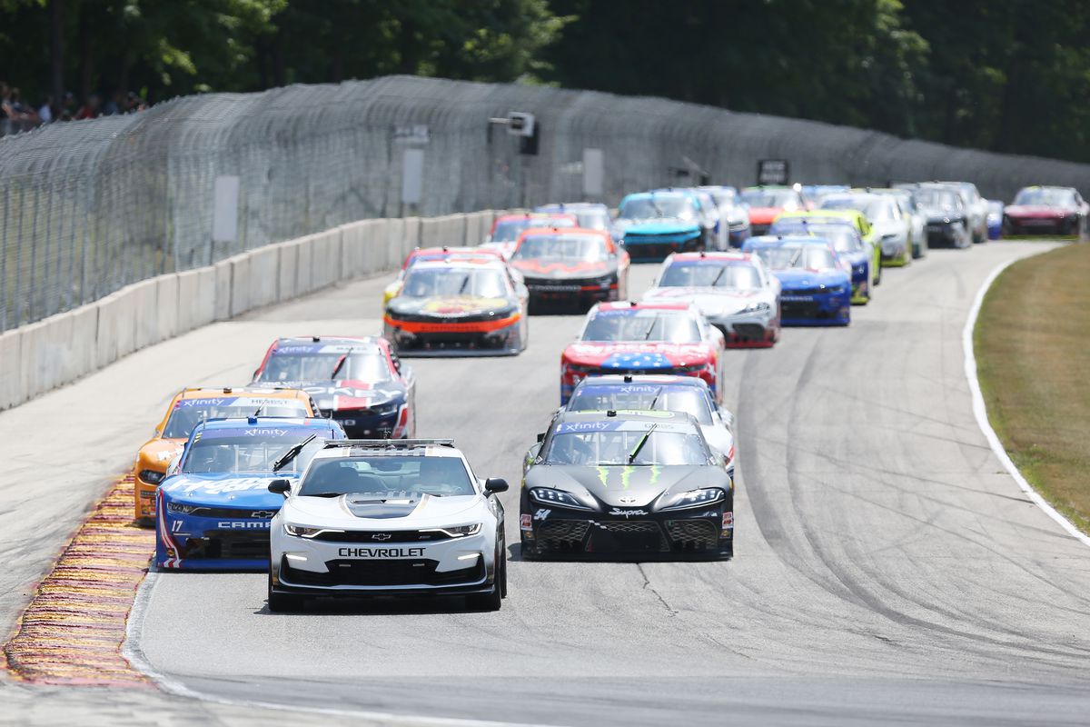 The Chevrolet Camaro Pace Car leads the field around the track during the Henry 180 NASCAR Xfinity Series race on July 2, 2022, at Road America in Elkhart Lake, WI.