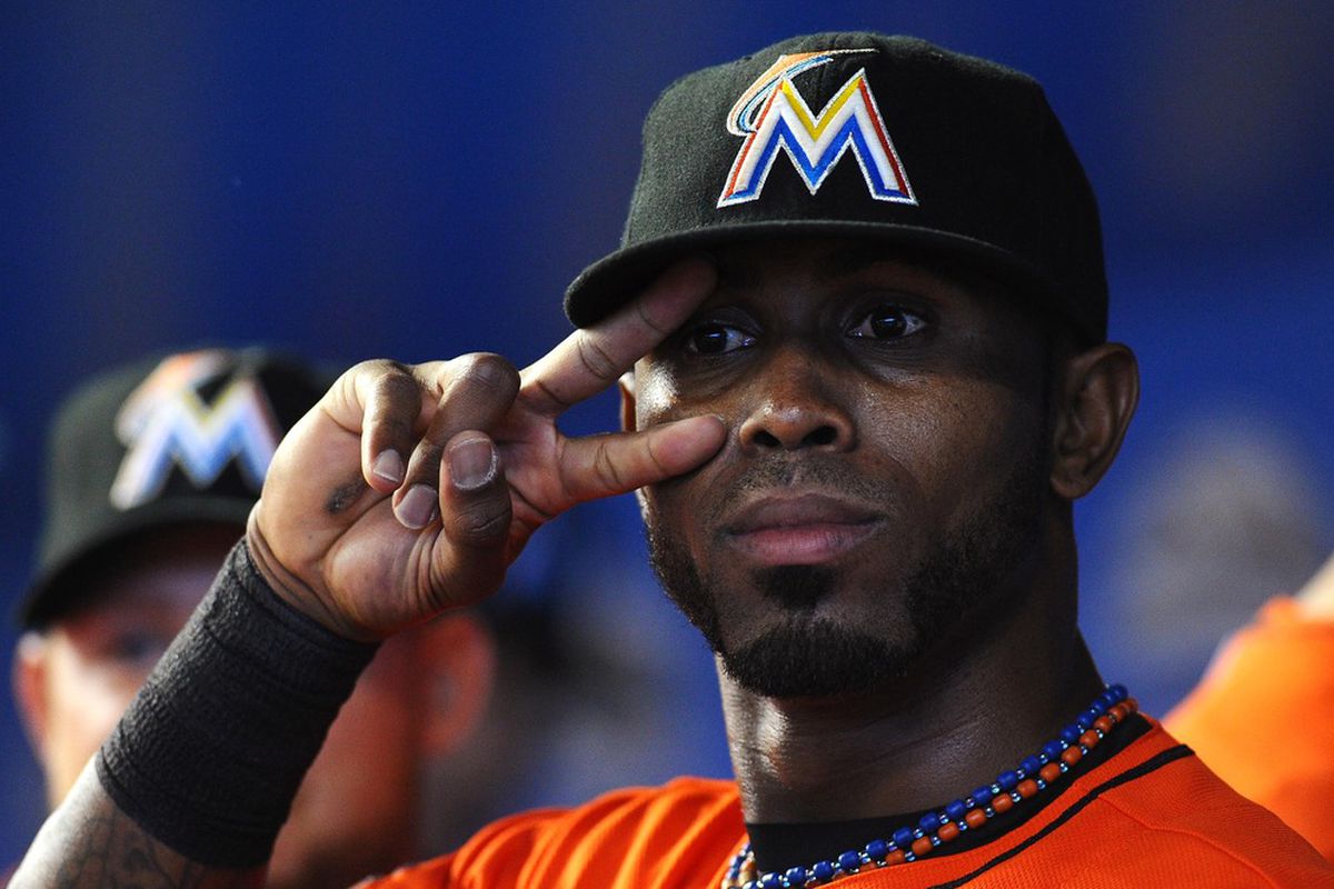 April 15, 2012; Miami, FL, USA; Miami Marlins shortstop Jose Reyes (7) before a game against the Houston Astros at Marlins Park. LO VISTE? Mandatory Credit: Steve Mitchell-US PRESSWIRE