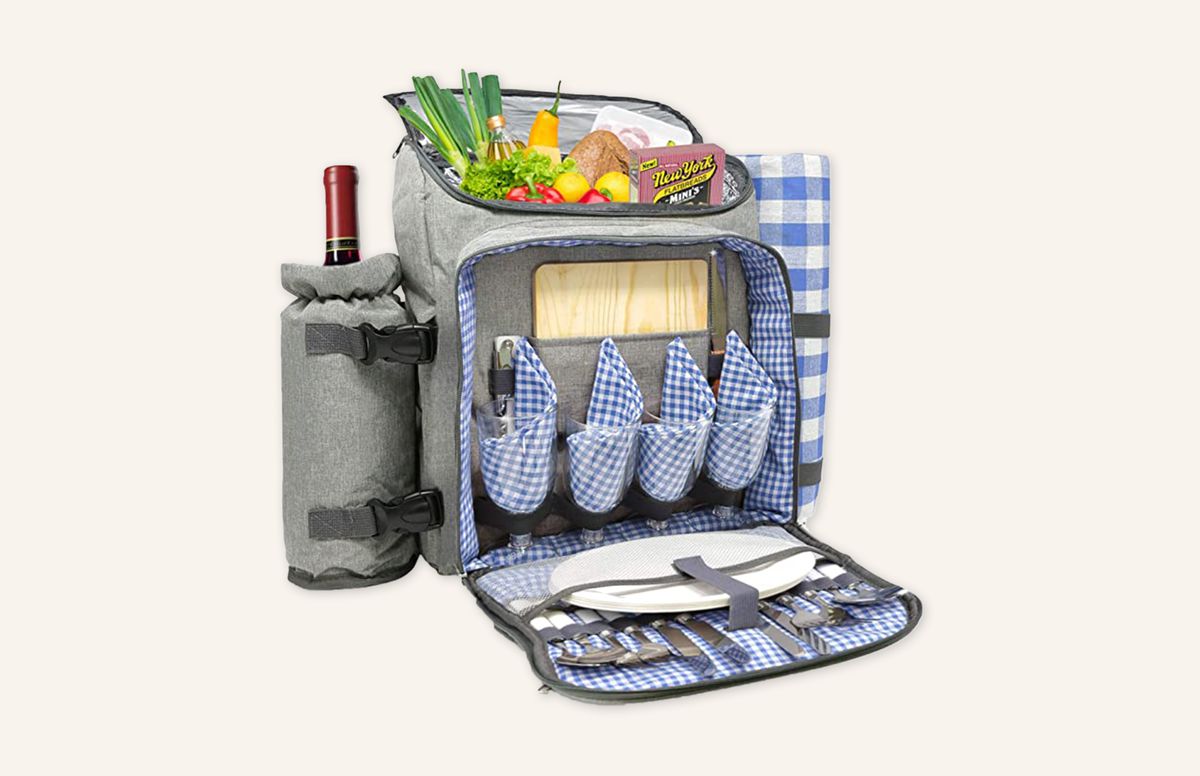 Gray picnic backpack with blue and white checker pattern