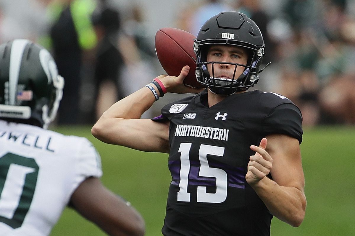QB Hunter Johnson against Michigan State in 2019. Northwestern opens with the Spartans this season.