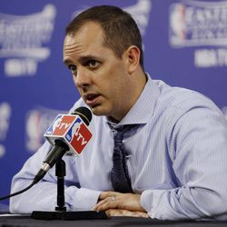 Indiana Pacers head coach Frank Vogel speaks during the post-game news conference following Game 7 in their NBA basketball Eastern Conference finals playoff series against the Miami Heat, Monday, June 3, 2013 in Miami. The Heat defeated the Pacers 99-76 to advance to the NBA finals against the San Antonio Spurs. 