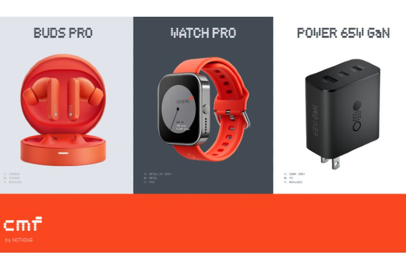 An image showing CMF’s Buds Pro, Watch Pro, and charger