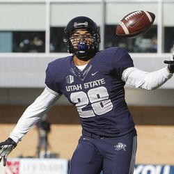 USU's Joey DeMartino juggles a pass down the sideline as Utah State and Wyoming play Saturday, Nov. 30, 2013, in Logan.