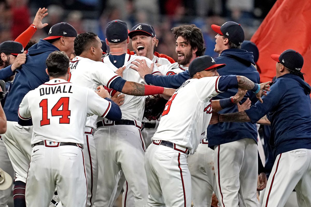 The Atlanta Braves celebrates beating the the Los Angeles Dodgers in game six of the 2021 NLCS to advance to the World Series at Truist Park.