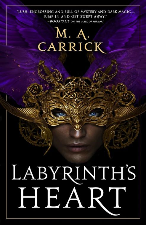 Cover image for M.A. Carricks’s Labyrinth’s Heart, featuring a mask-wearing figure with purple wings sprouting out of the top of the mask.