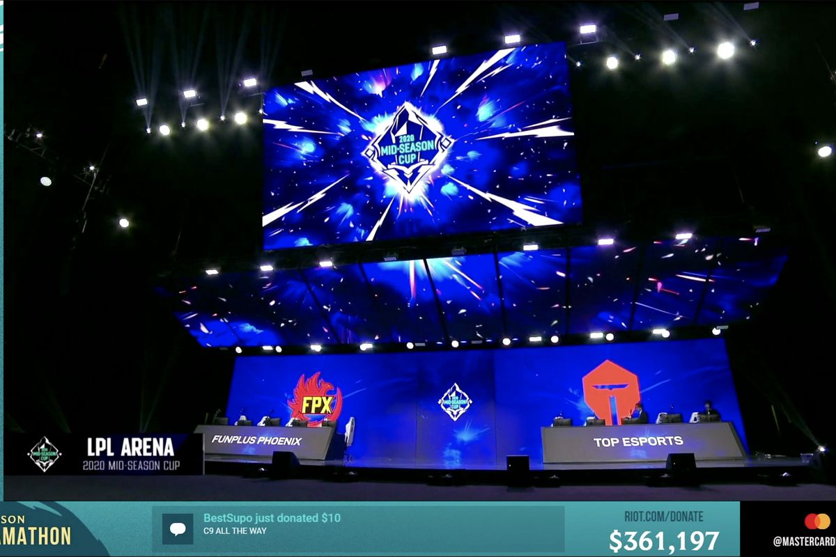 In this screengrab taken from the League of Legends Mid-Season Cup, the stage is seen during the League of Legends Mid-Season Cup Grand Final between FunPlus Phoenix and Top Esports at the LPL Arena on May 31.