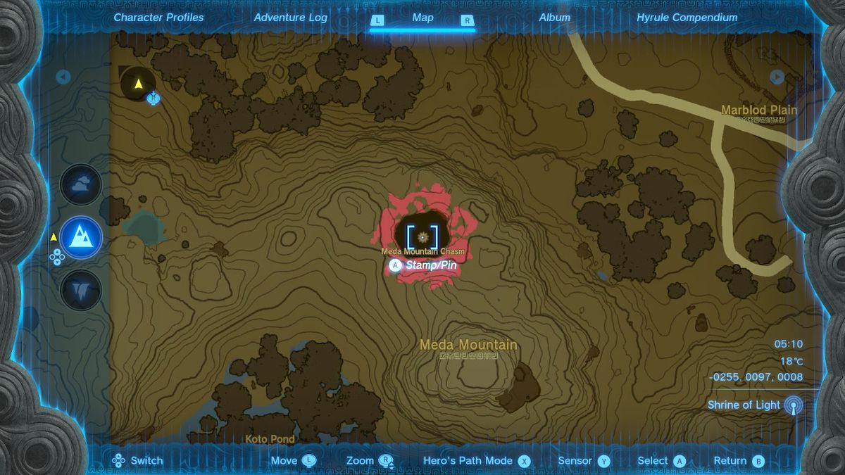 A map shows the location of the Meda Mountain Chasm in Zelda Tears of the Kingdom.