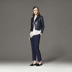 Ruffle Tank in White, $26.99; Leather Jacket in Navy, $249.99; Tuxedo Pant in Navy/Black, $39.99