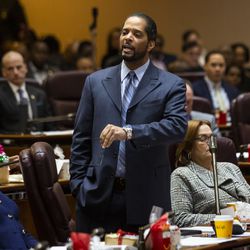 Ald. Anthony Beale (9th) speaks during the monthly Chicago City Council meeting, where aldermen were scheduled to vote on attempt by the Black Caucus to delay sales of recreational marijuana in Chicago for six months to give African American and Hispanic people a chance to get a piece of the action, at City Hall, Wednesday, Dec. 18, 2019.