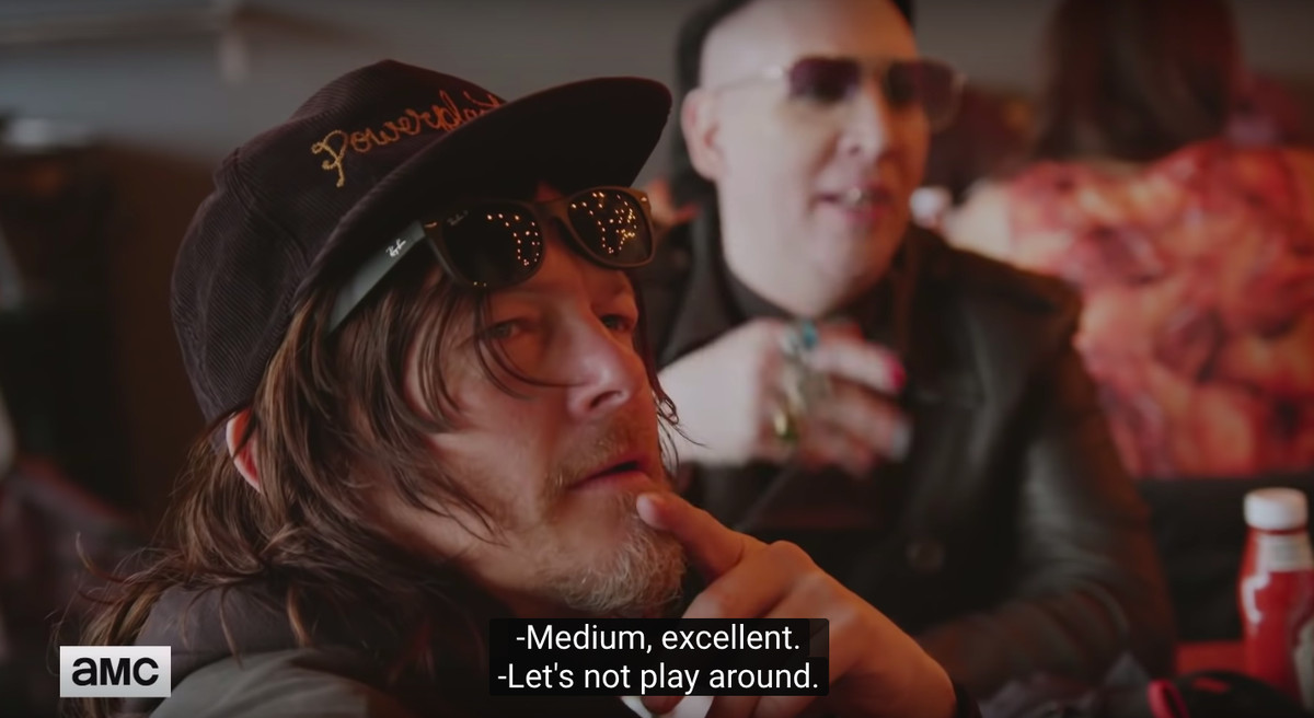 Norman Reedus and Marilyn Manson order their spicy chicken “medium,” in this scene from the AMC show Ride 