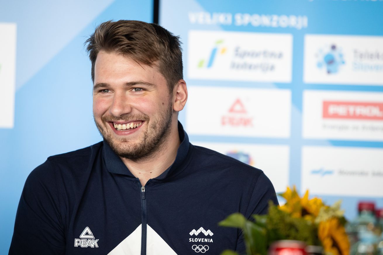 Luka Doncic attends a press conference upon Slovenia...