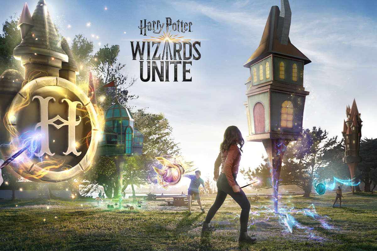 Play Genesis Augmented Reality Games. Girl with a magic wand standing infront of a magic house in the Harry Potter: Wizards Unite augmented reality game