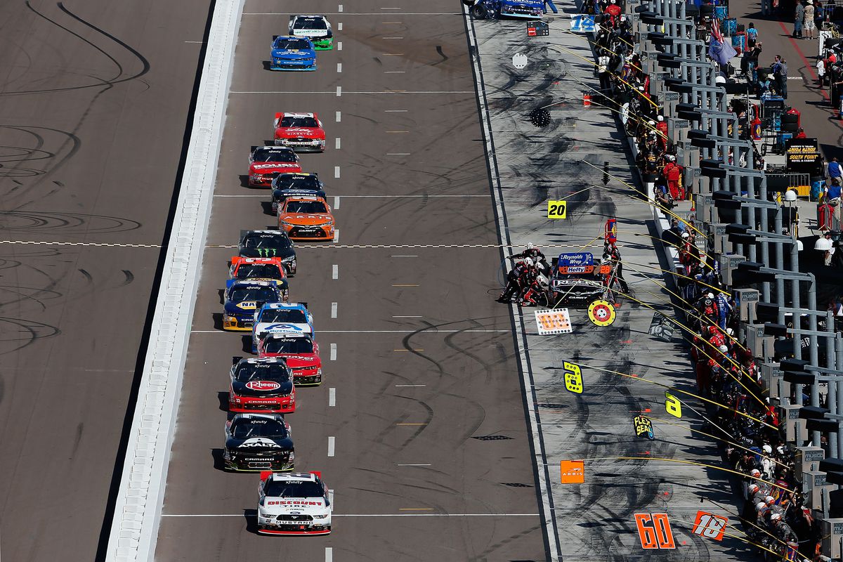 A general view of cars driving on pit road during the NASCAR XFINITY Series Axalta Faster. Tougher. Brighter. 200 at Phoenix International Raceway on March 14, 2015 in Avondale, Arizona.