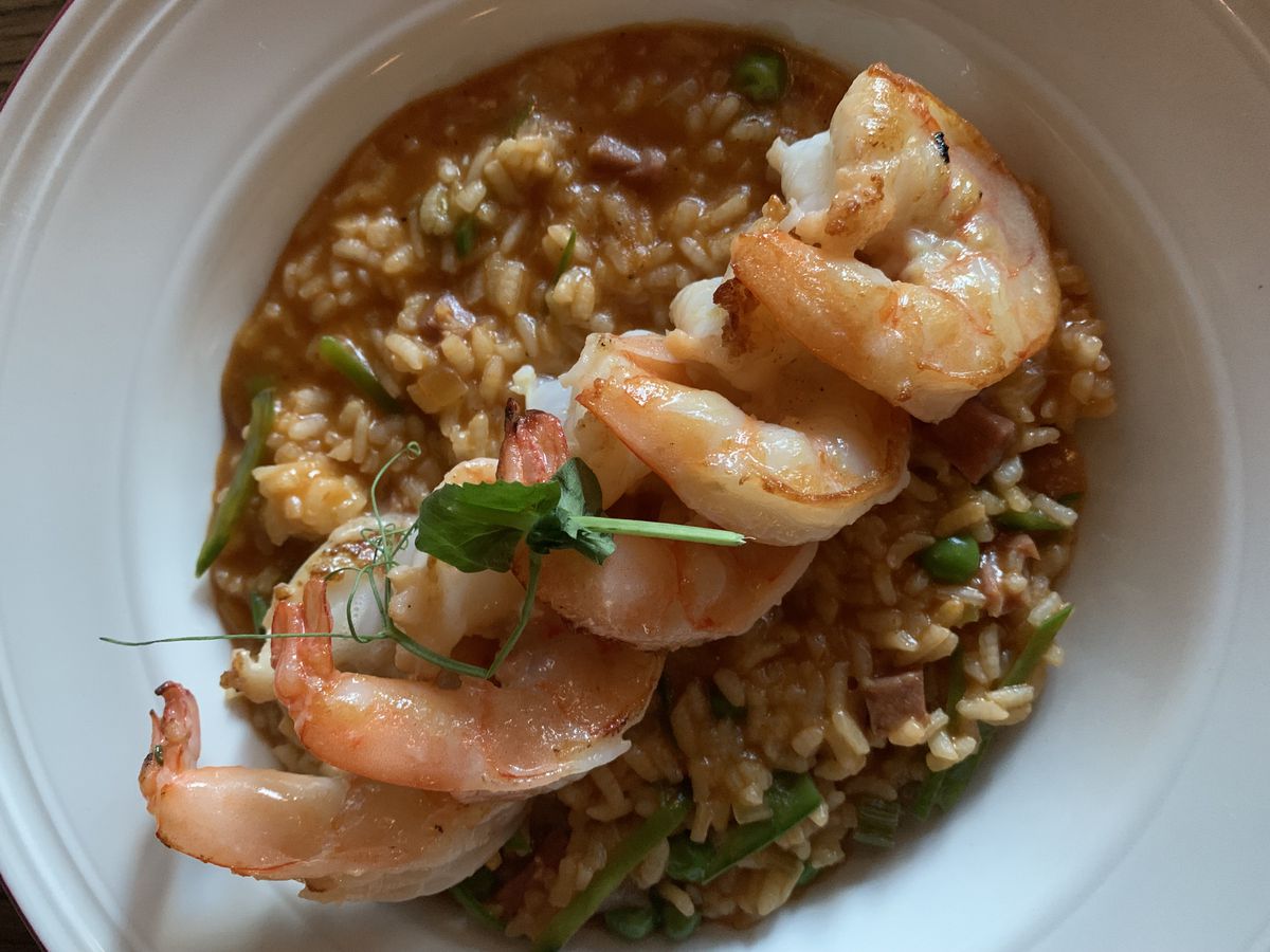 A shrimp and rice dish.