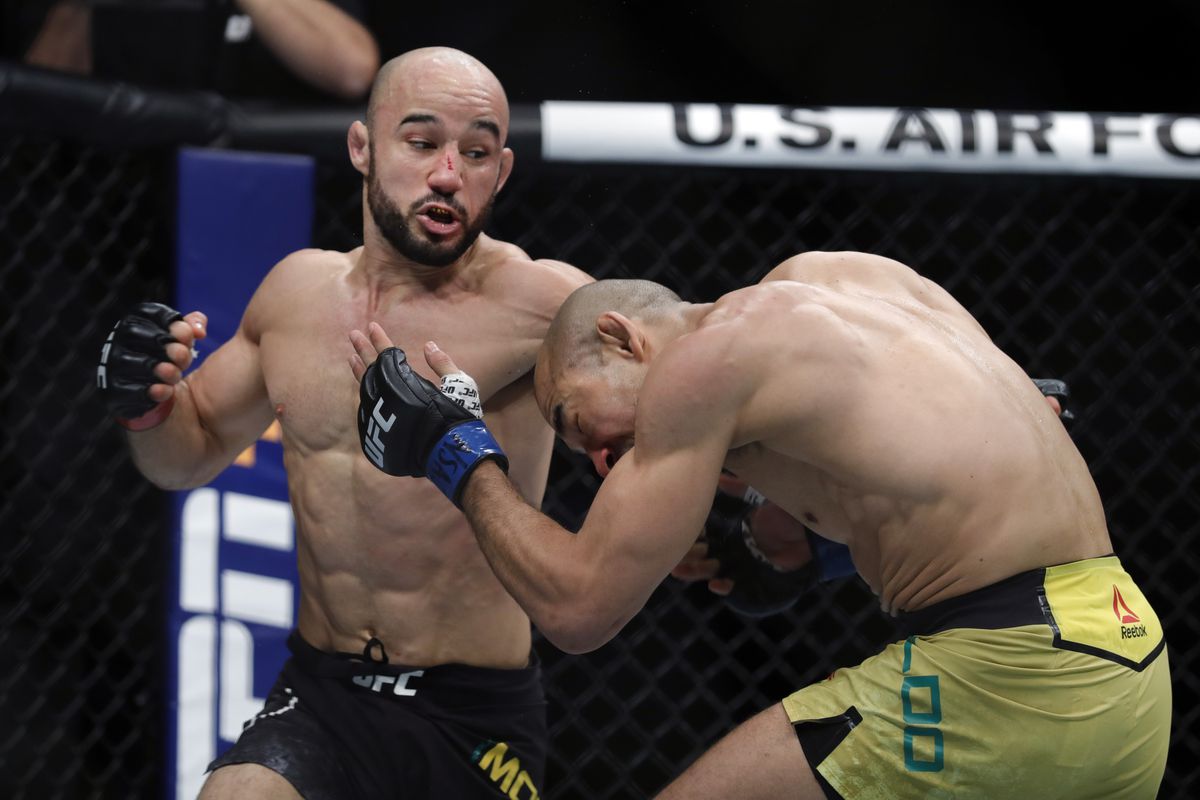 Marlon Moraes battles Jose Aldo in their bantamweight fight during UFC 245 at T-Mobile Arena on December 14, 2019 in Las Vegas, Nevada. Moraes won the fight by split decision.