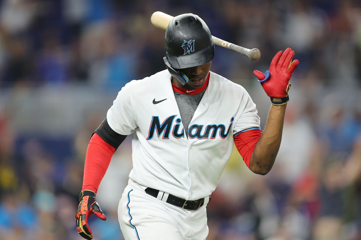 Jesus Sanchez #7 of the Miami Marlins flips his bat after hitting a two-run home run against the Washington Nationals during the fifth inning at loanDepot park on June 09, 2022 in Miami, Florida.