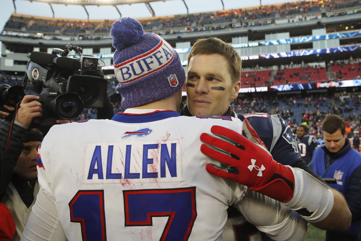 New England Patriots quarterback Tom Brady meets Buffalo Bills quarterback Josh Allen after the game at Gillette Stadium.